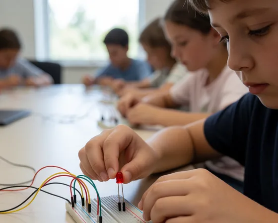 Illustration: a child leaning close over a breadboard, placing a red LED, with other children working at the same table