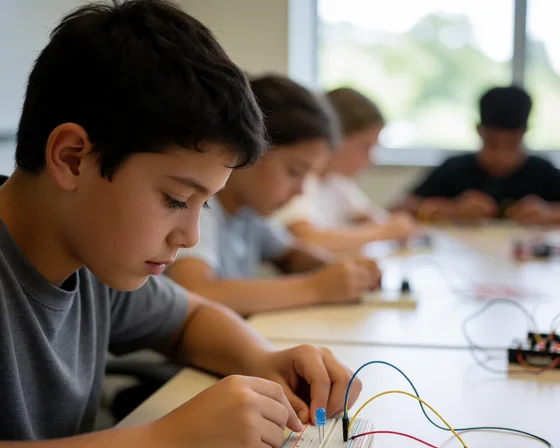 Illustration: a child tracing a wire on a breadboard, working out why a circuit is not working