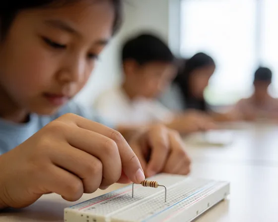 Illustration: close view of a child's fingers pressing a component into a breadboard