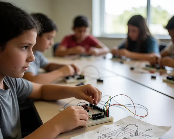 Illustration: a child holding up a finished circuit they designed themselves