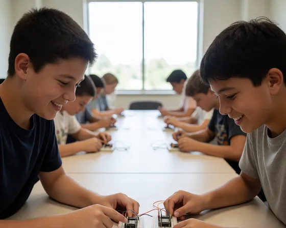 Illustration: two children at a table showing each other a circuit they are building